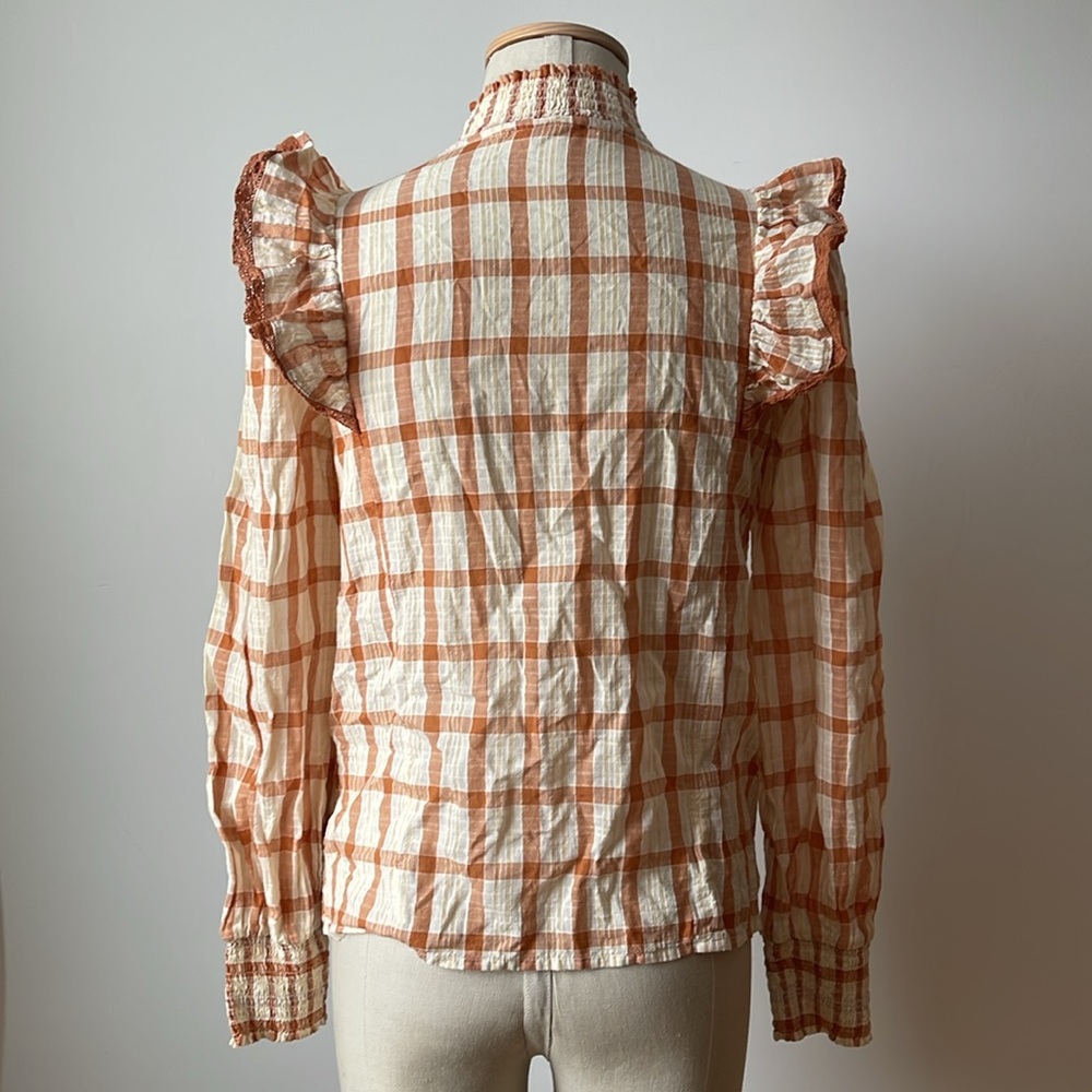 Sezane Marty rust & cream plaid blouse sz. 34 Victorian style gauzy boho - Picture 5 of 6
